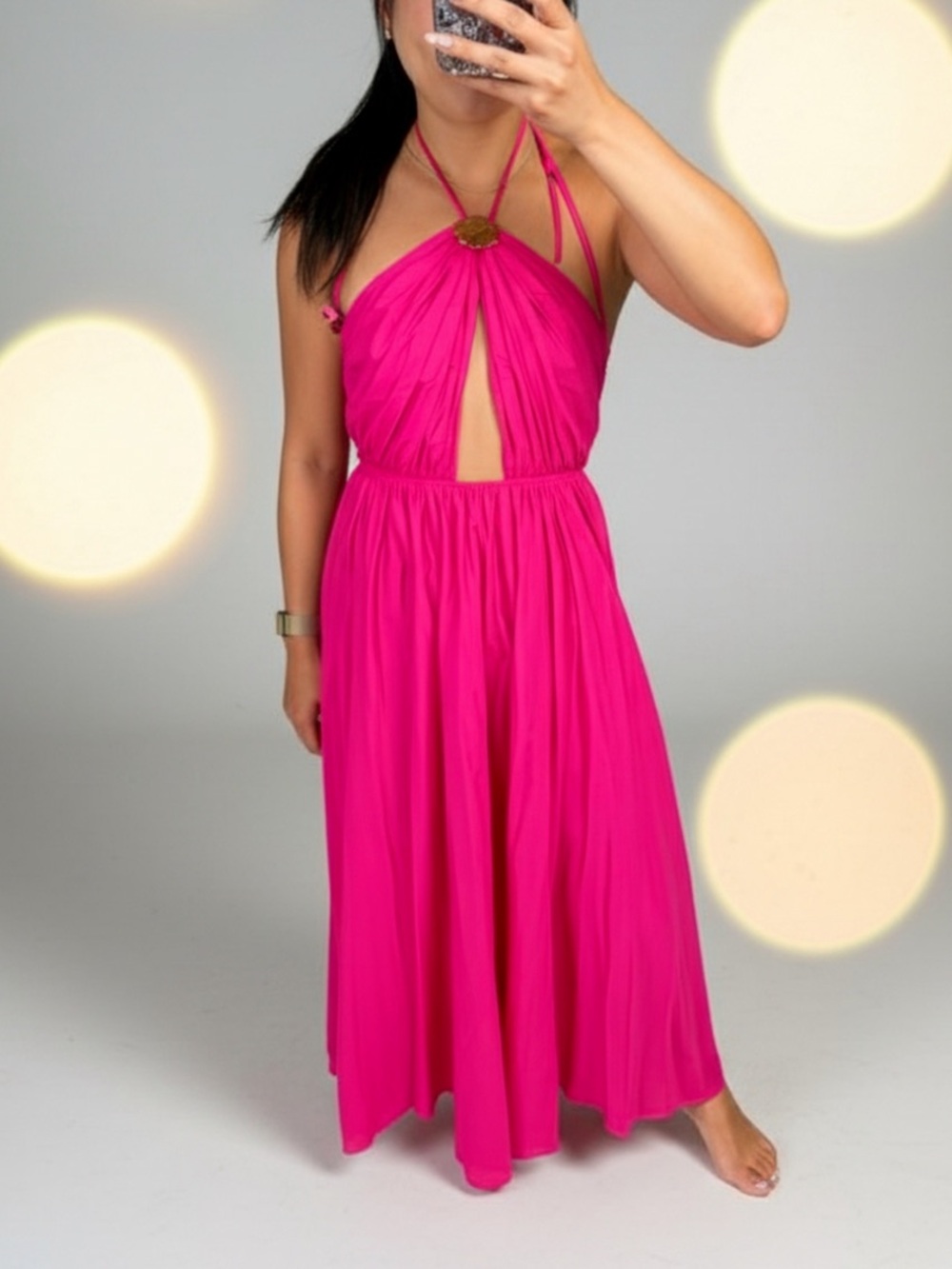 STAUD Hot Pink Halter Maxi Dress with Front Keyhole